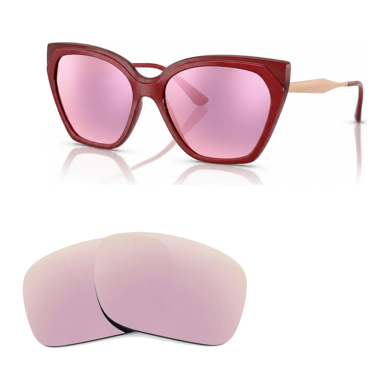 Vogue VO5521S replacement lenses in mirrored pink, angled view of the frame with the pair of lenses below · ReFramed
