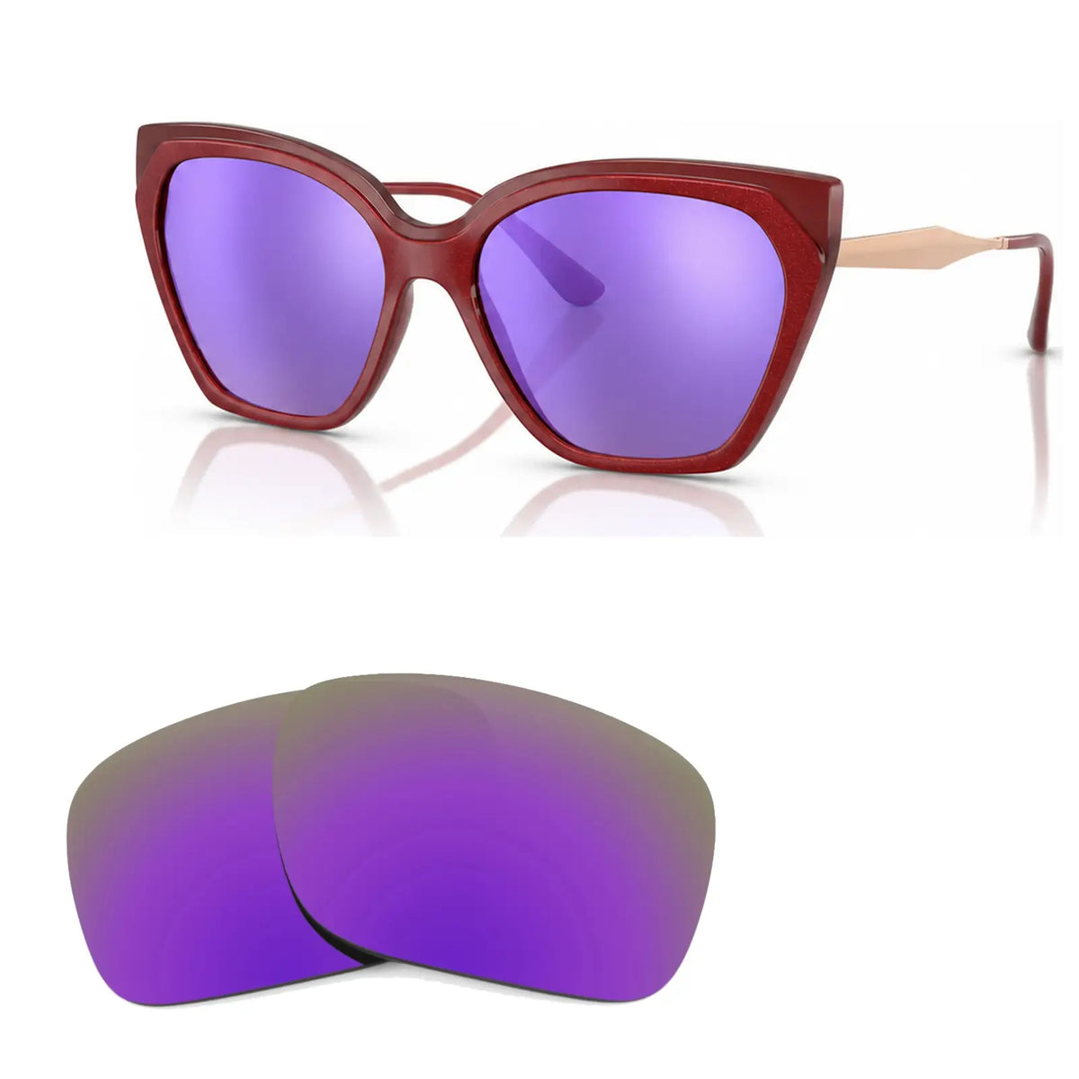 Vogue VO5521S replacement lenses in mirrored purple, angled view of the frame with the pair of lenses below · ReFramed