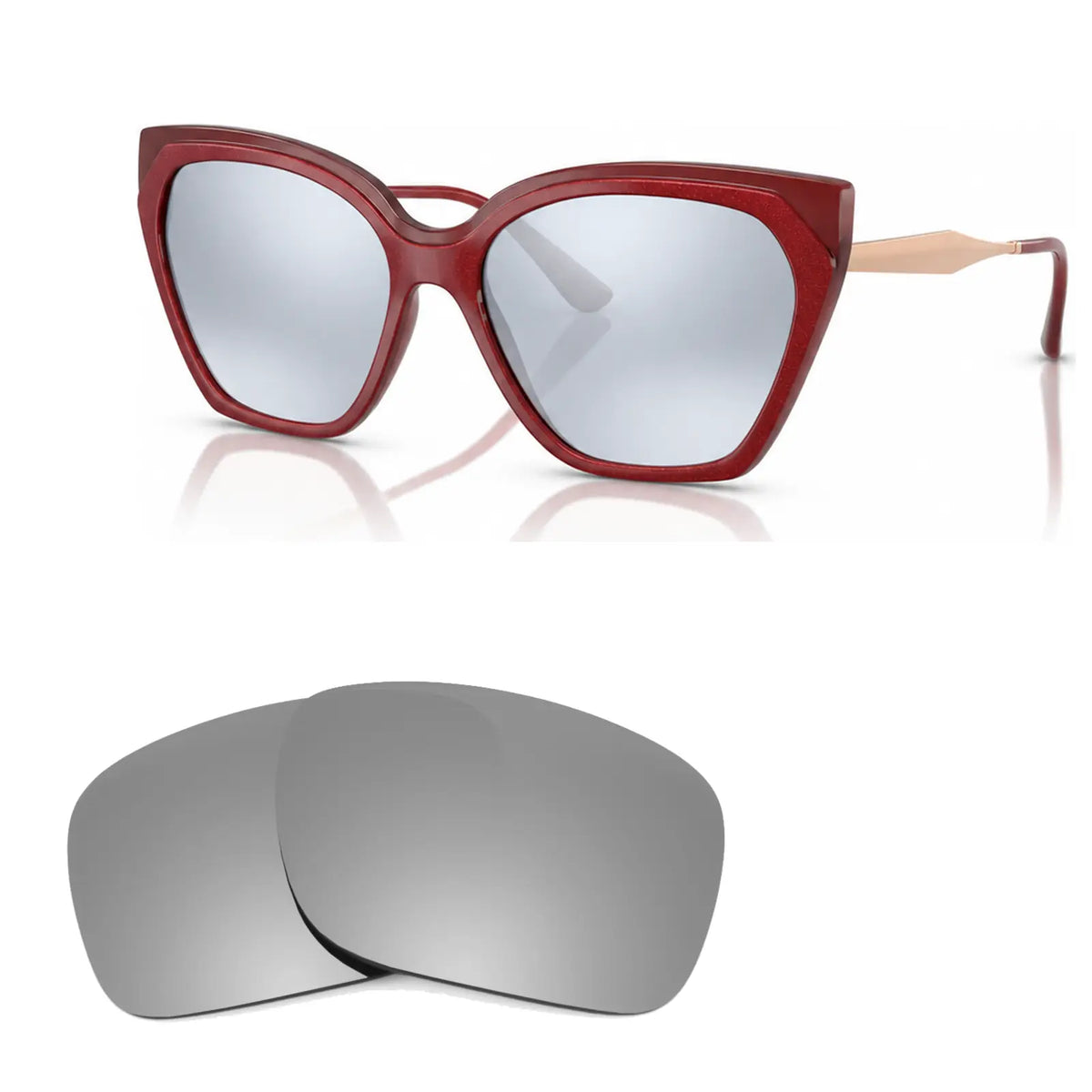 Vogue VO5521S replacement lenses in mirrored silver, angled view of the frame with the pair of lenses below · ReFramed
