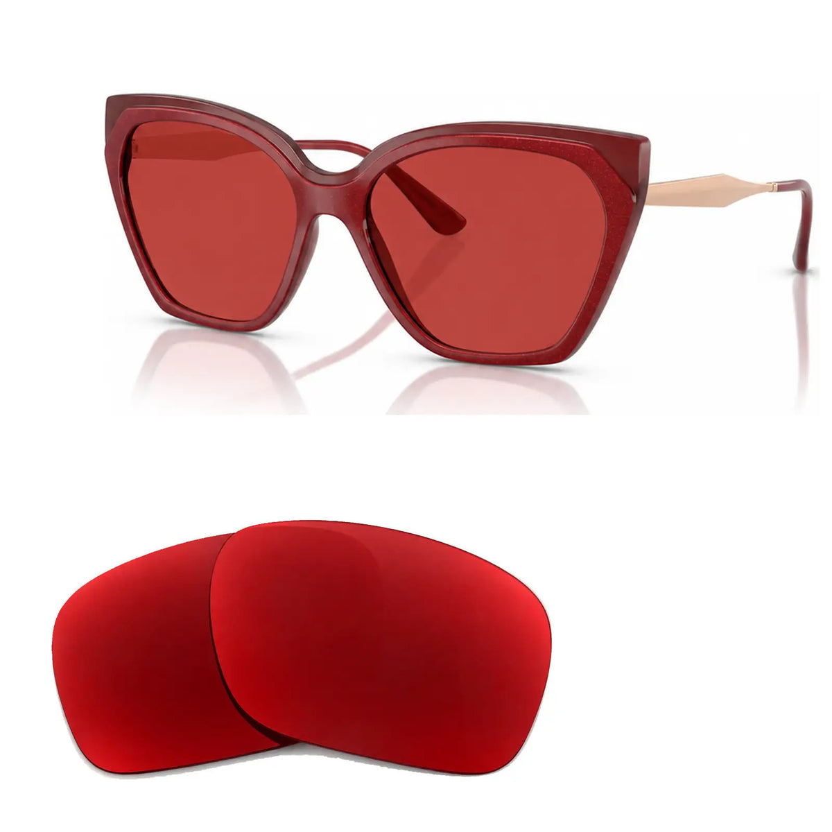 Vogue VO5521S replacement lenses in red, angled view of the frame with the pair of lenses below · ReFramed
