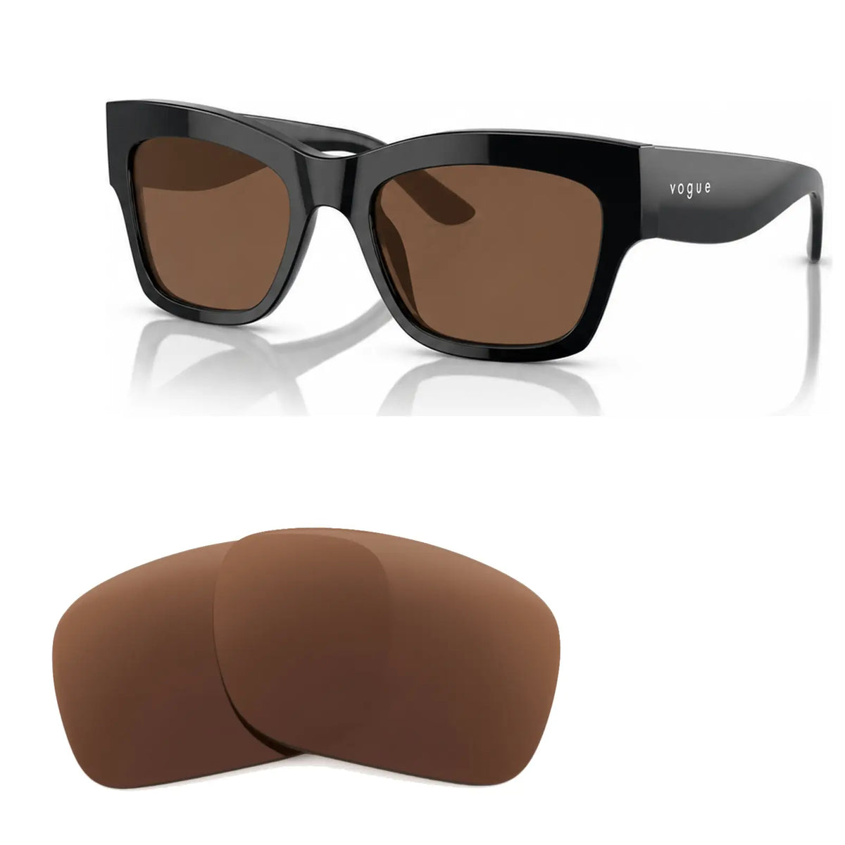 Vogue VO5524S replacement lenses in brown, angled view of the frame with the pair of lenses below · ReFramed