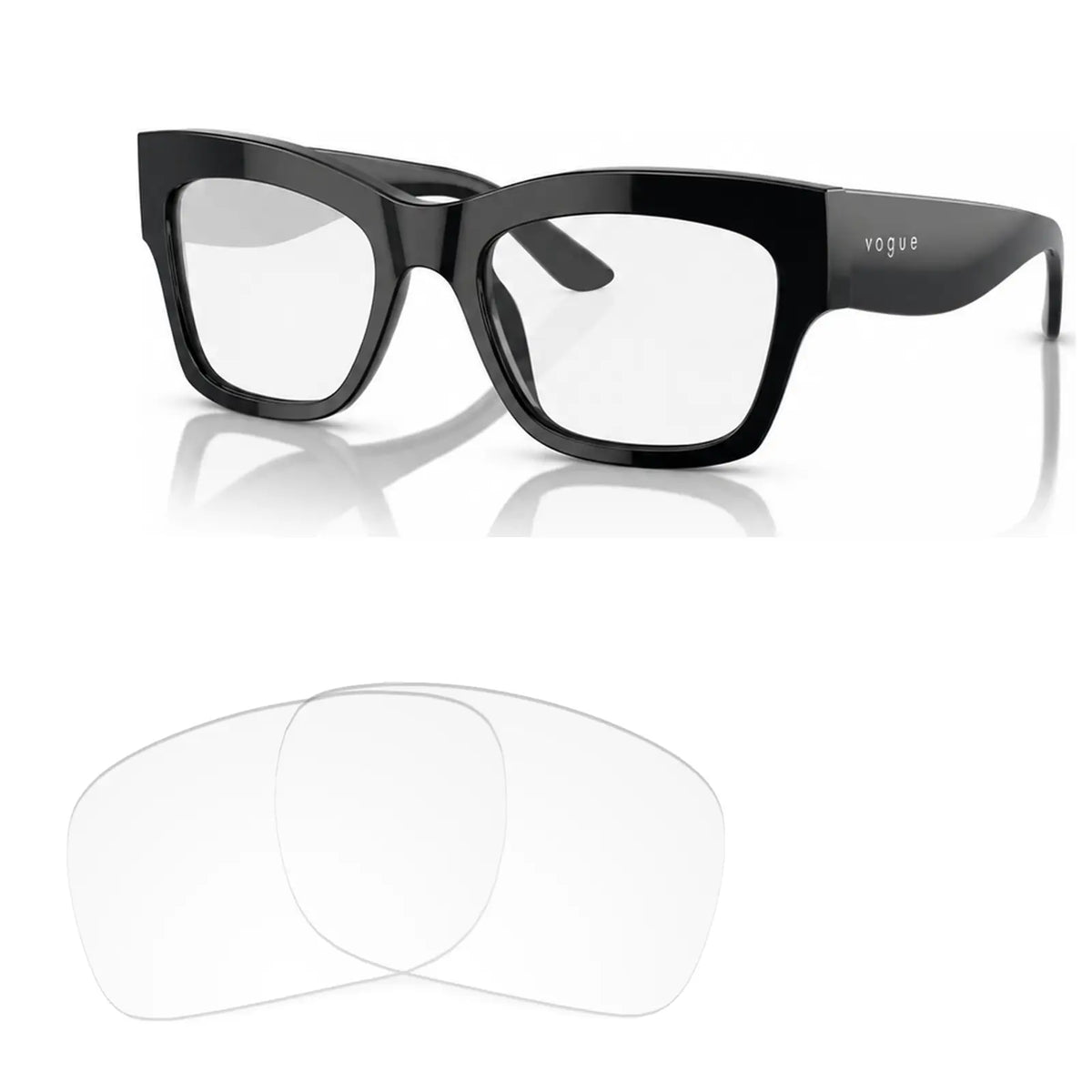Vogue VO5524S replacement lenses in crystal clear, angled view of the frame with the pair of lenses below · ReFramed