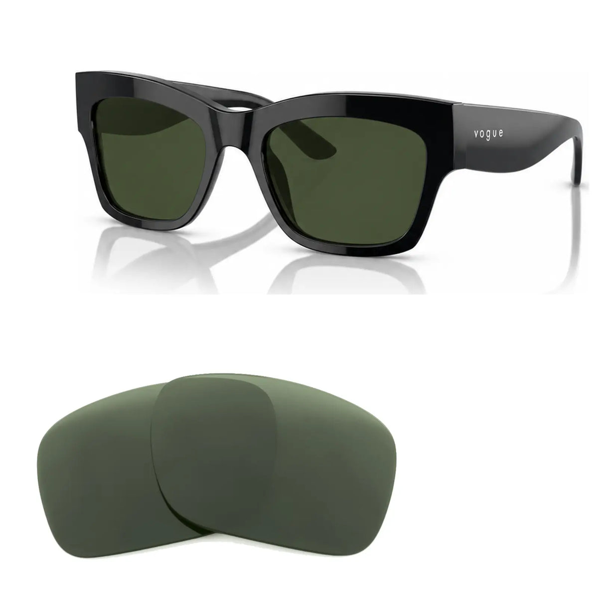 Vogue VO5524S replacement lenses in G15 green, angled view of the frame with the pair of lenses below · ReFramed