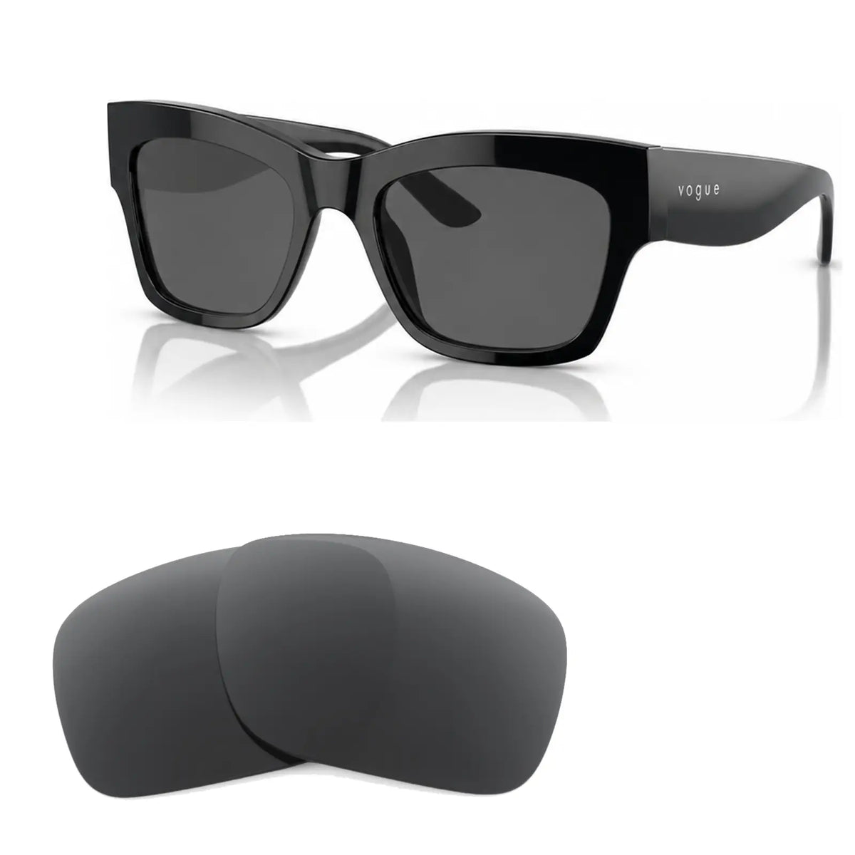 Vogue VO5524S replacement lenses in gray, angled view of the frame with the pair of lenses below · ReFramed