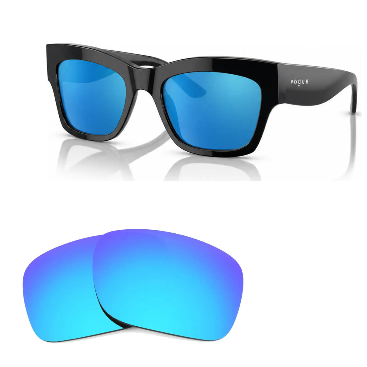 Vogue VO5524S replacement lenses in mirrored blue, angled view of the frame with the pair of lenses below · ReFramed
