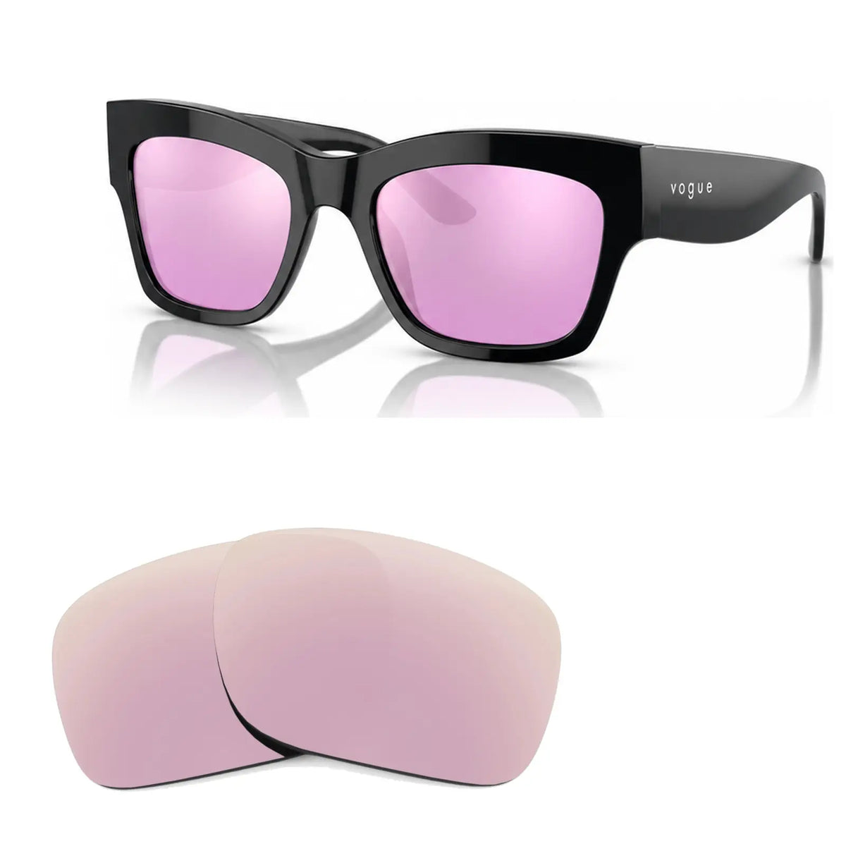 Vogue VO5524S replacement lenses in mirrored pink, angled view of the frame with the pair of lenses below · ReFramed