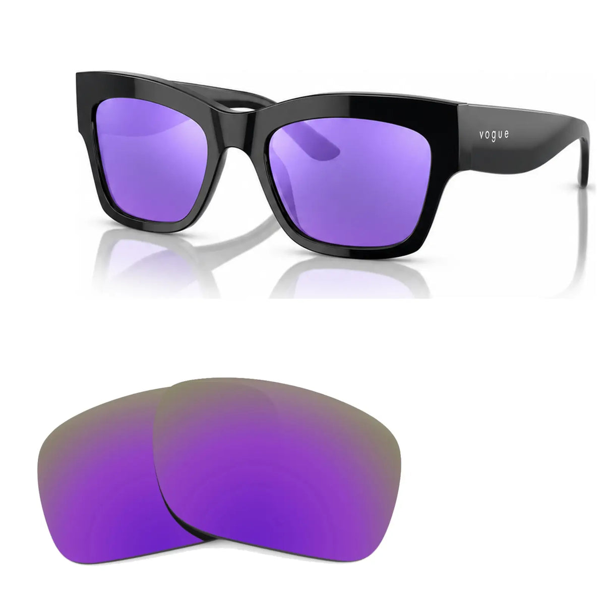 Vogue VO5524S replacement lenses in mirrored purple, angled view of the frame with the pair of lenses below · ReFramed