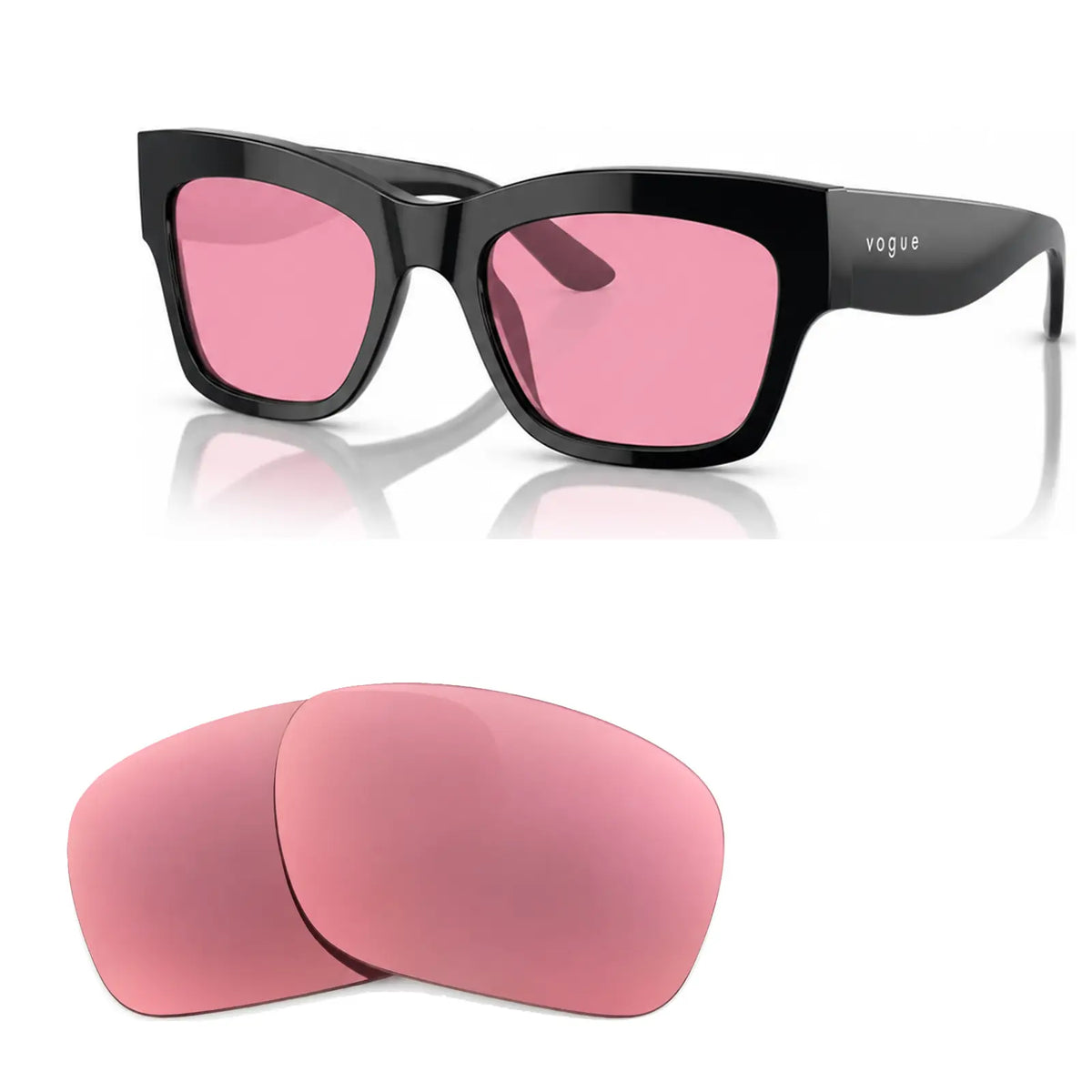 Vogue VO5524S replacement lenses in pink, angled view of the frame with the pair of lenses below · ReFramed