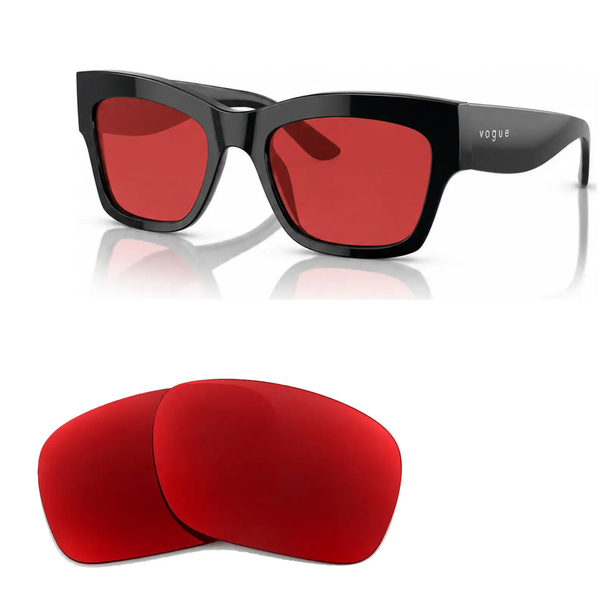 Vogue VO5524S replacement lenses in red, angled view of the frame with the pair of lenses below · ReFramed