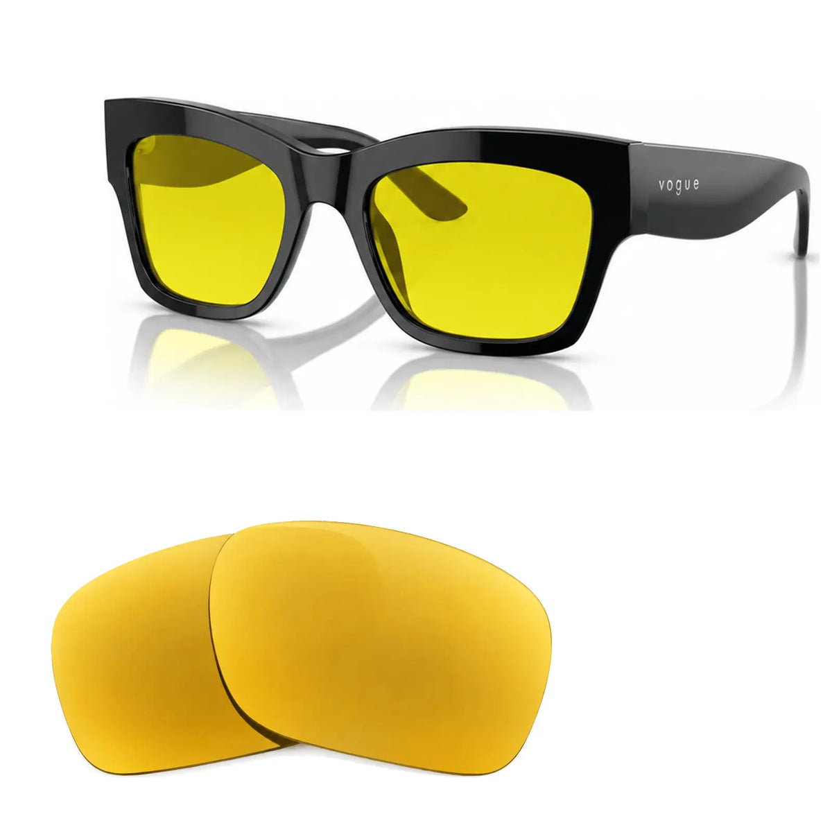 Vogue VO5524S replacement lenses in yellow, angled view of the frame with the pair of lenses below · ReFramed