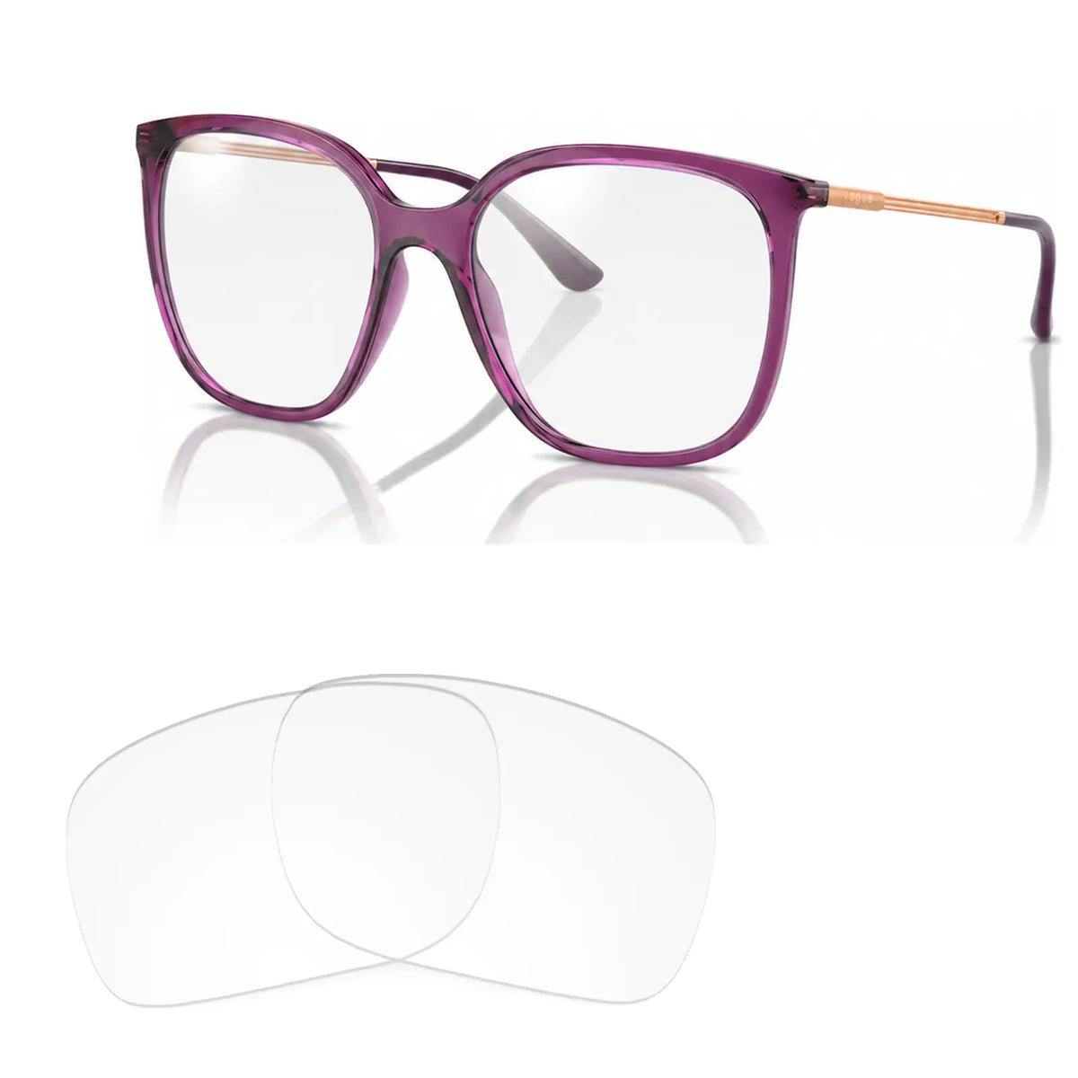Vogue VO5564S replacement lenses in crystal clear, angled view of the frame with the pair of lenses below · ReFramed