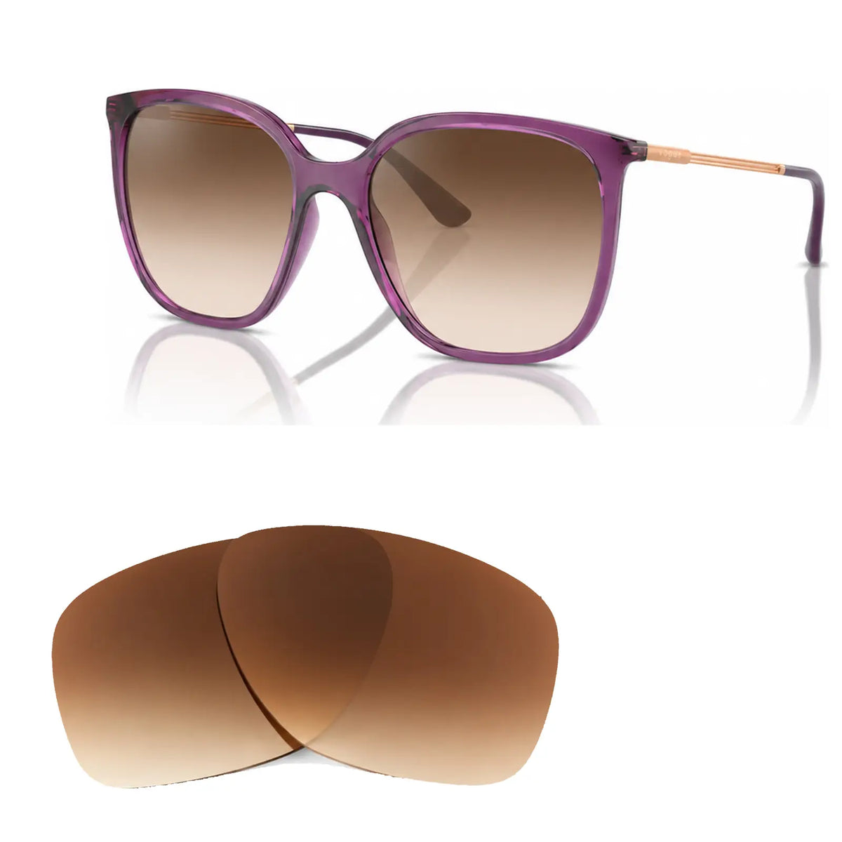 Vogue VO5564S replacement lenses in gradient brown, angled view of the frame with the pair of lenses below · ReFramed