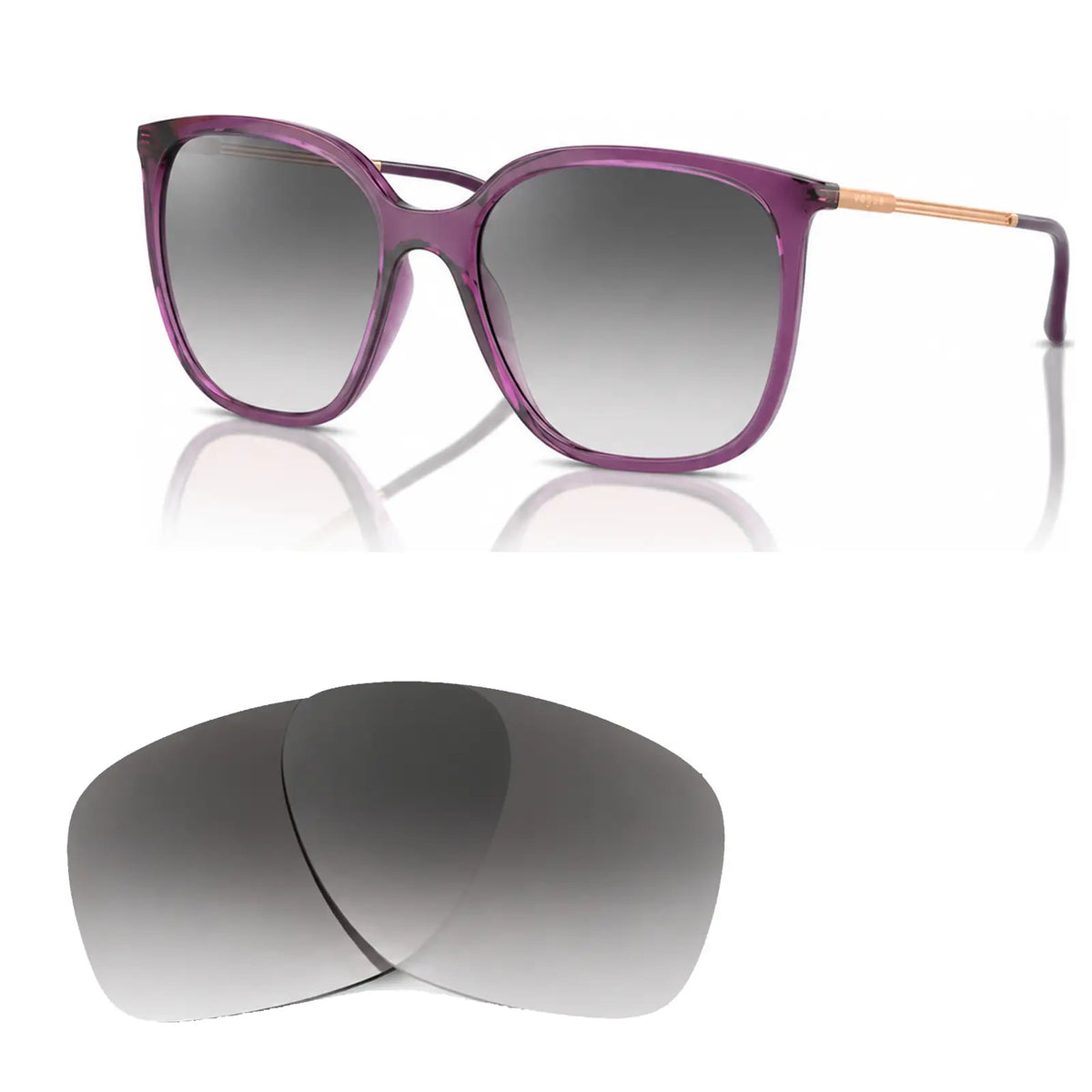 Vogue VO5564S replacement lenses in gradient gray, angled view of the frame with the pair of lenses below · ReFramed