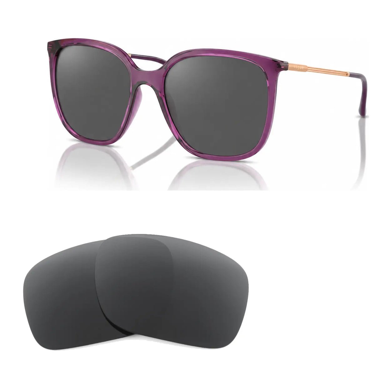 Vogue VO5564S replacement lenses in gray, angled view of the frame with the pair of lenses below · ReFramed