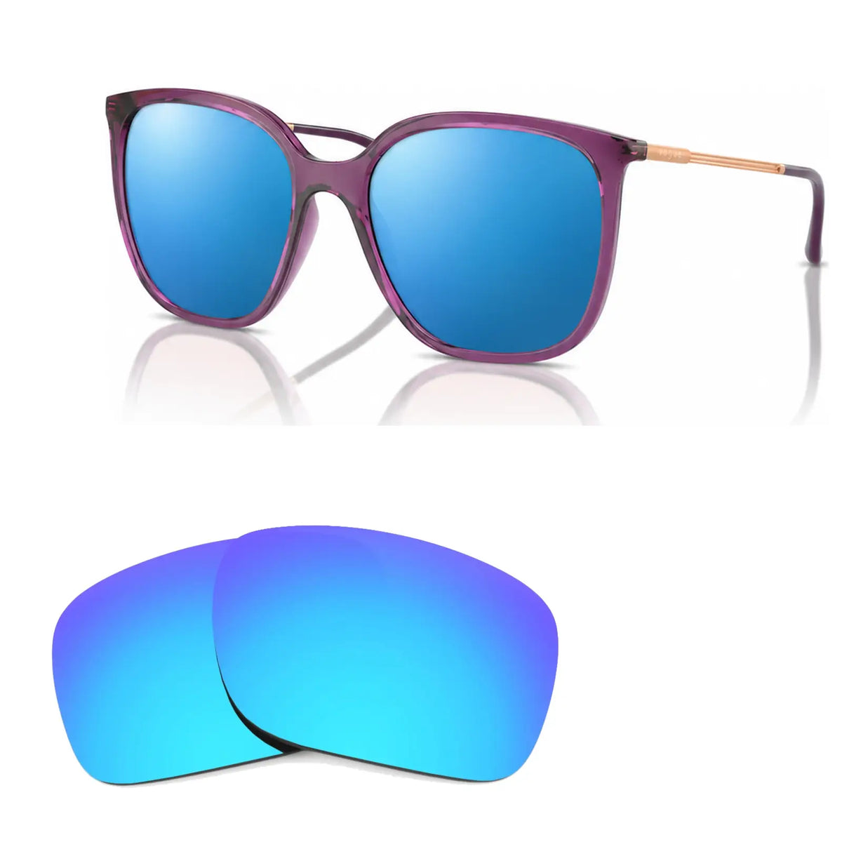 Vogue VO5564S replacement lenses in mirrored blue, angled view of the frame with the pair of lenses below · ReFramed