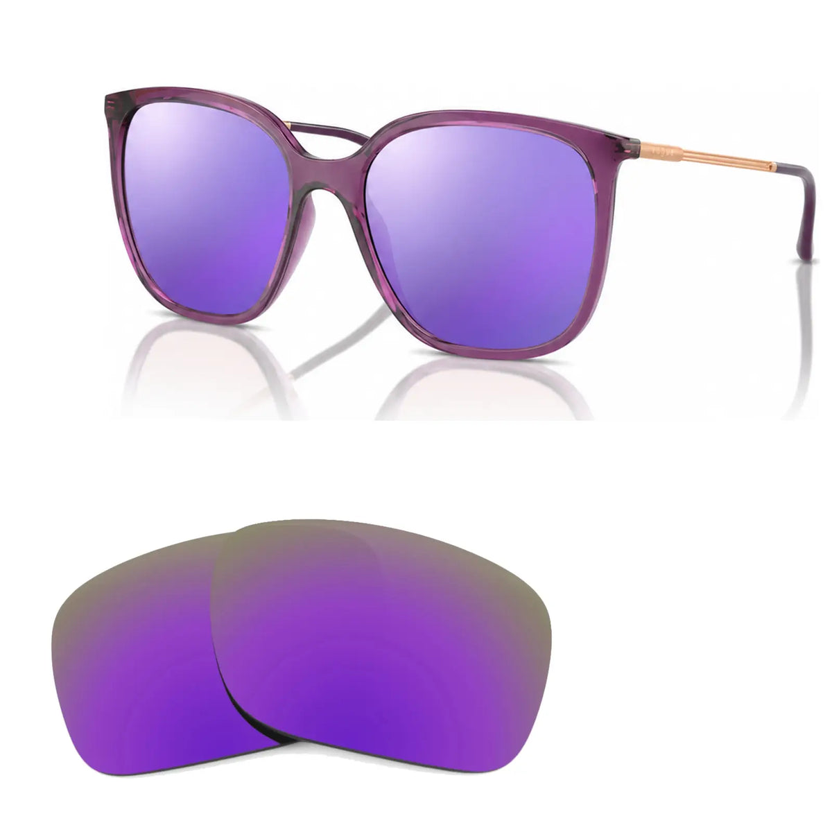 Vogue VO5564S replacement lenses in mirrored purple, angled view of the frame with the pair of lenses below · ReFramed