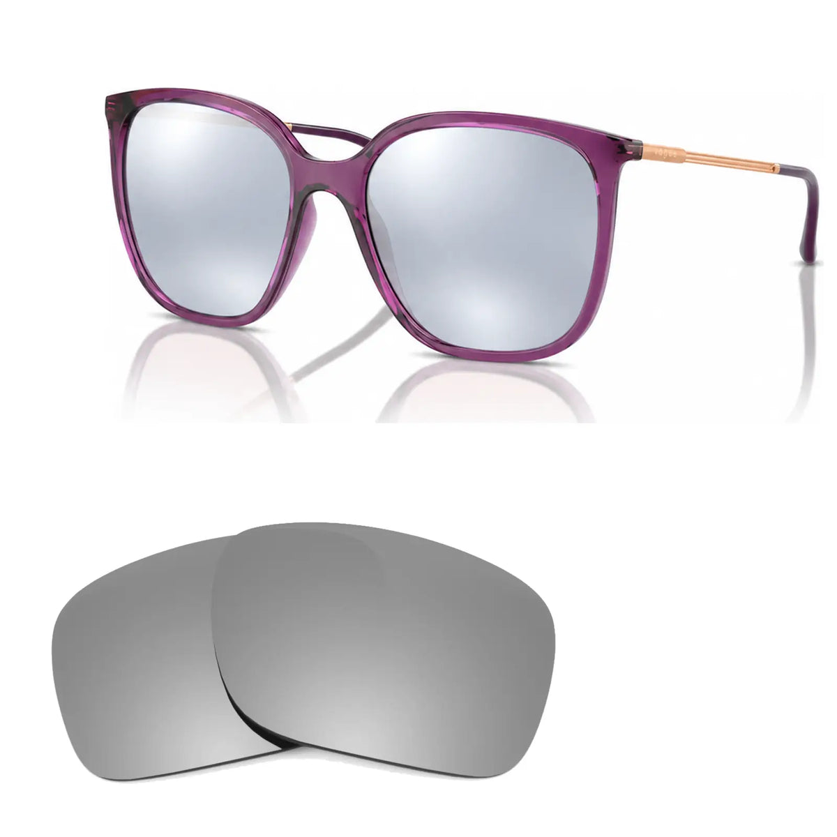 Vogue VO5564S replacement lenses in mirrored silver, angled view of the frame with the pair of lenses below · ReFramed