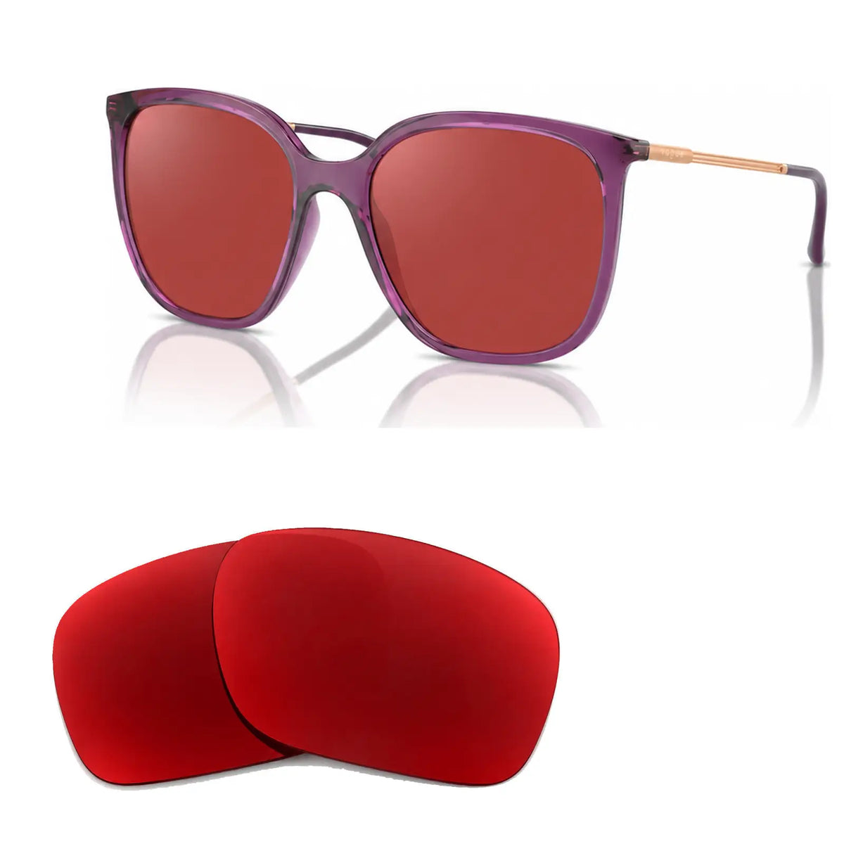 Vogue VO5564S replacement lenses in red, angled view of the frame with the pair of lenses below · ReFramed