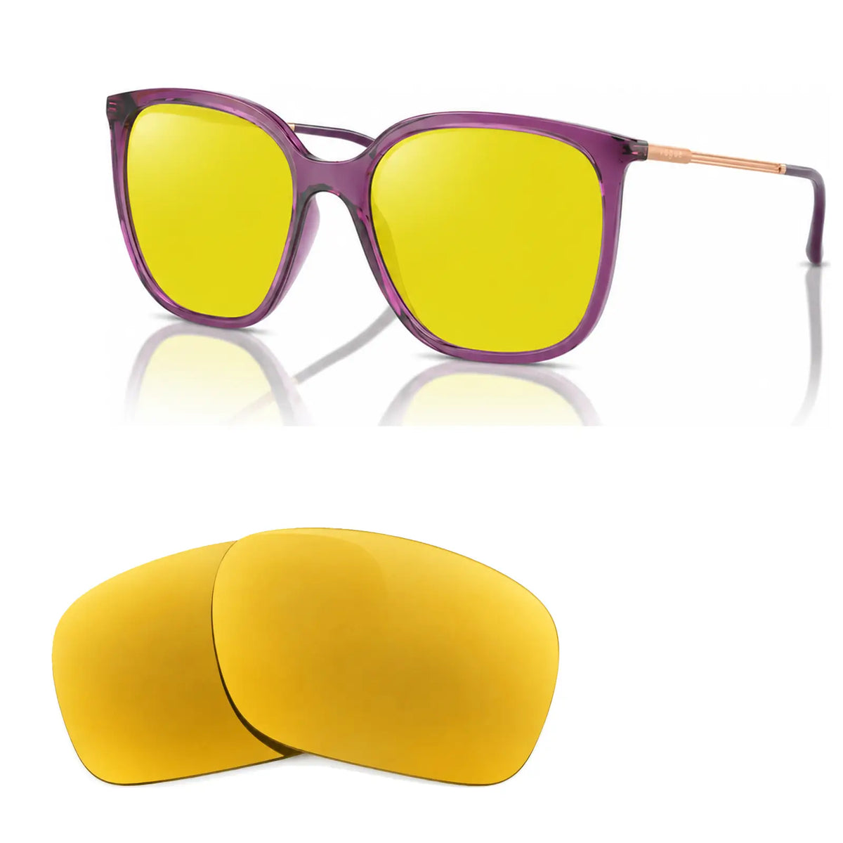 Vogue VO5564S replacement lenses in yellow, angled view of the frame with the pair of lenses below · ReFramed