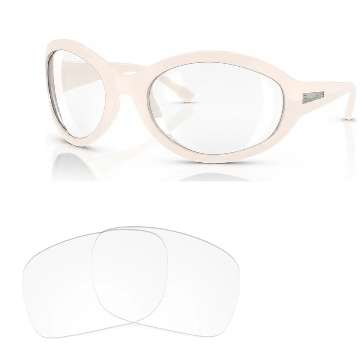 Vogue VO5606S replacement lenses in crystal clear, angled view of the frame with the pair of lenses below · ReFramed