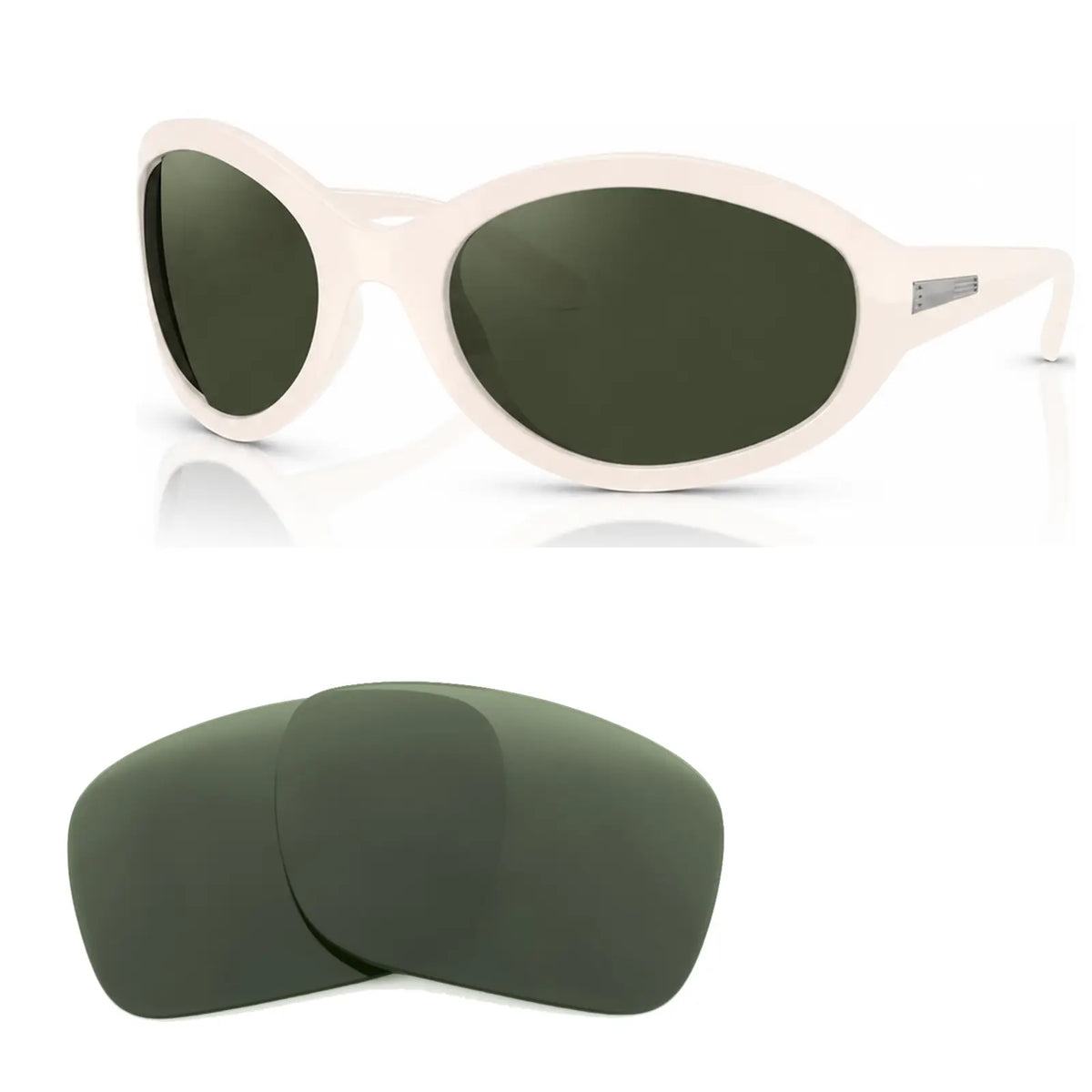 Vogue VO5606S replacement lenses in G15 green, angled view of the frame with the pair of lenses below · ReFramed