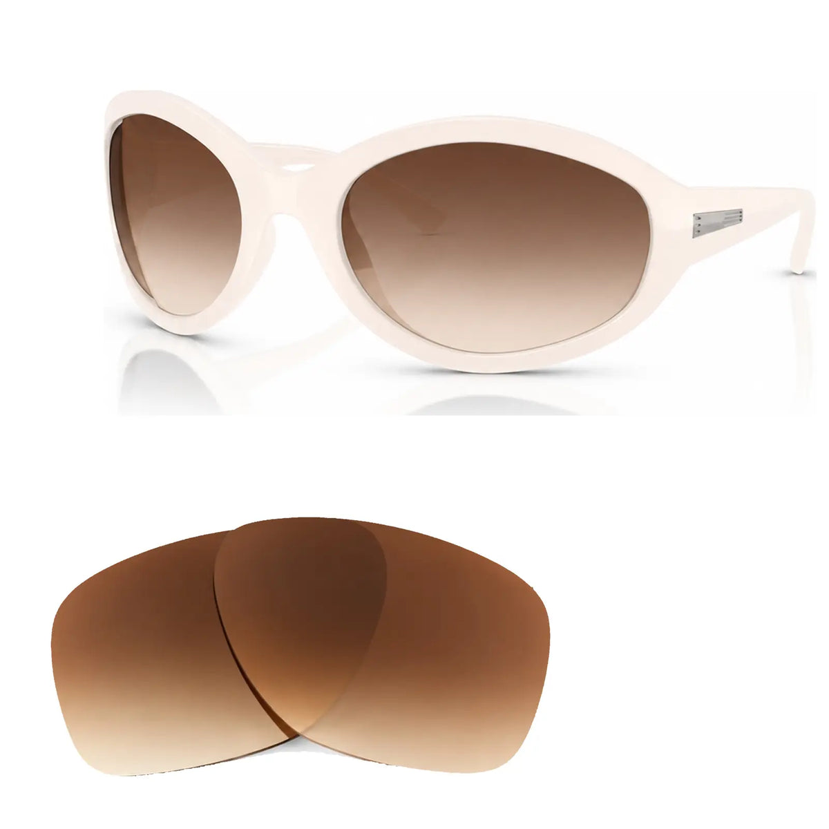Vogue VO5606S replacement lenses in gradient brown, angled view of the frame with the pair of lenses below · ReFramed