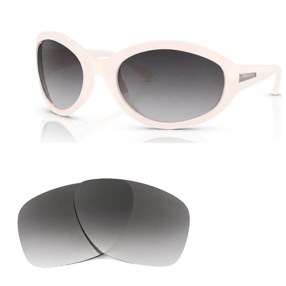 Vogue VO5606S replacement lenses in gradient gray, angled view of the frame with the pair of lenses below · ReFramed