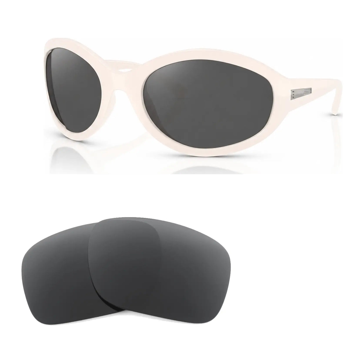 Vogue VO5606S replacement lenses in gray, angled view of the frame with the pair of lenses below · ReFramed