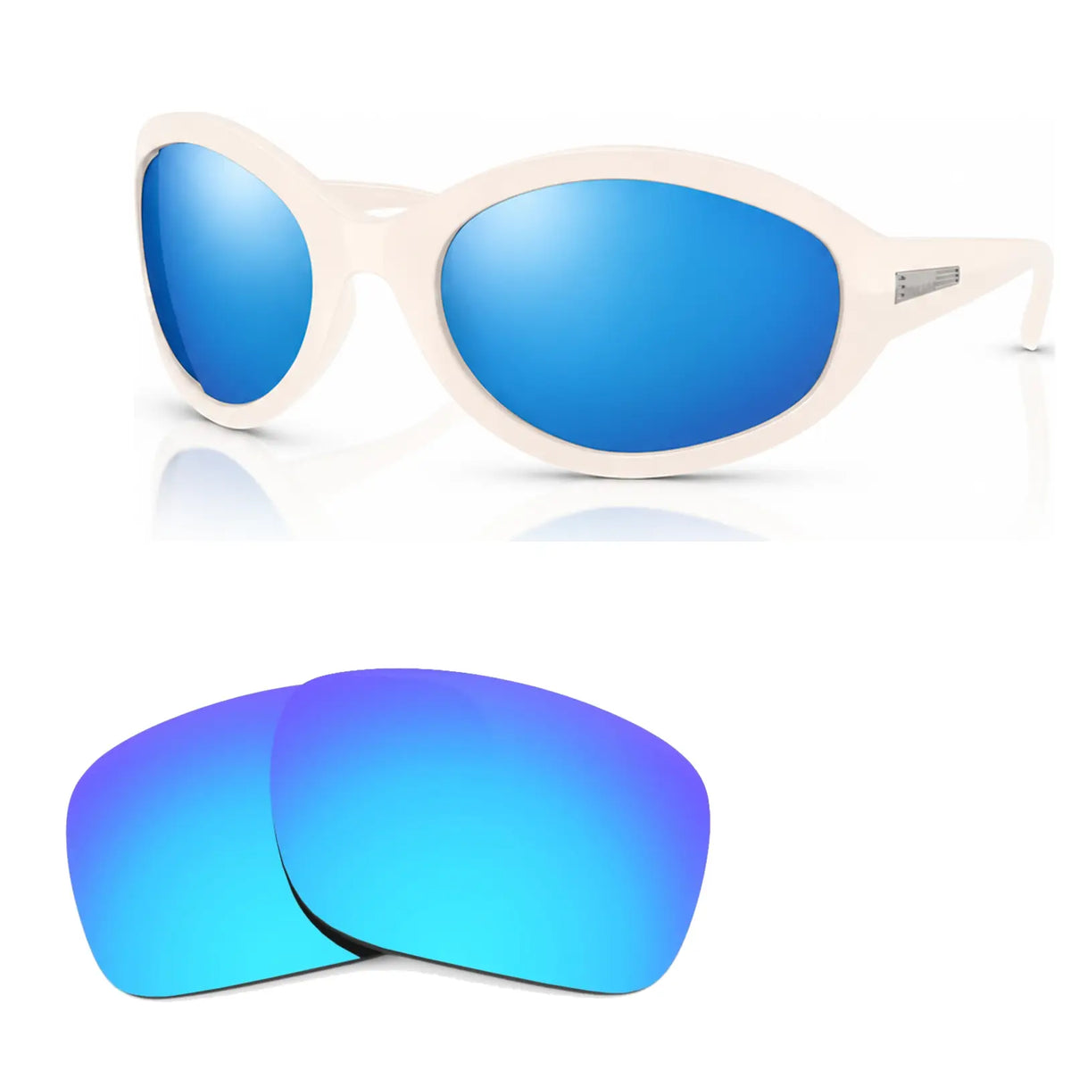 Vogue VO5606S replacement lenses in mirrored blue, angled view of the frame with the pair of lenses below · ReFramed