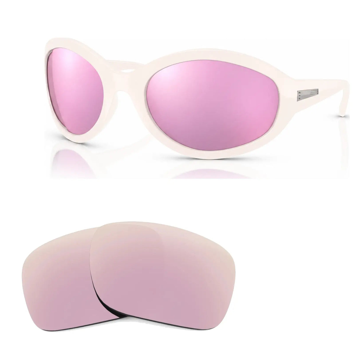 Vogue VO5606S replacement lenses in mirrored pink, angled view of the frame with the pair of lenses below · ReFramed