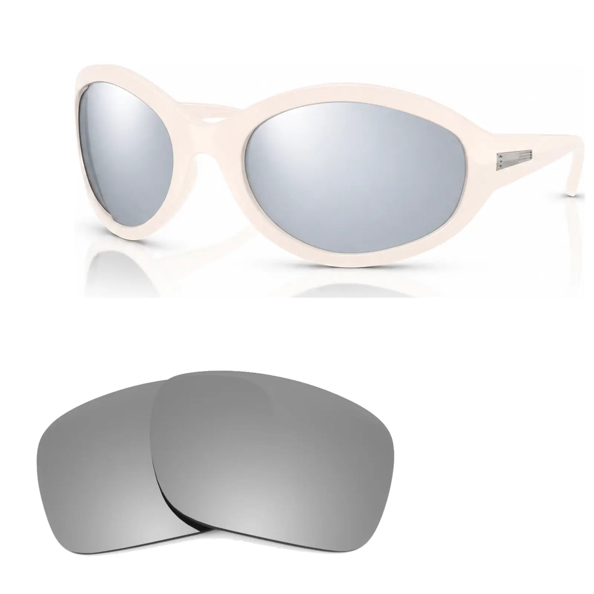 Vogue VO5606S replacement lenses in mirrored silver, angled view of the frame with the pair of lenses below · ReFramed