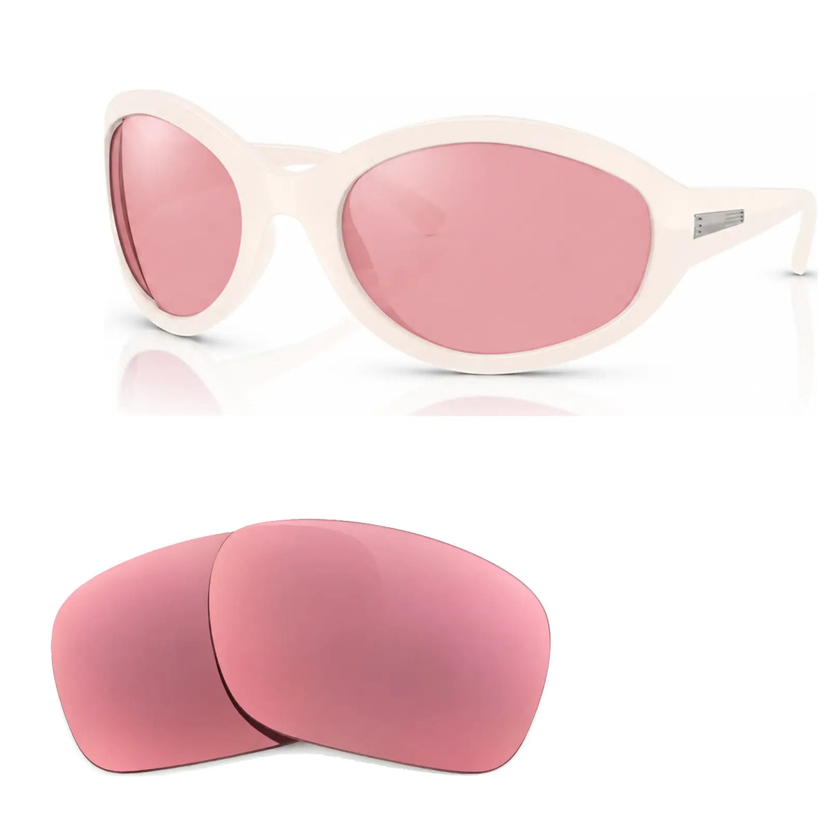 Vogue VO5606S replacement lenses in pink, angled view of the frame with the pair of lenses below · ReFramed