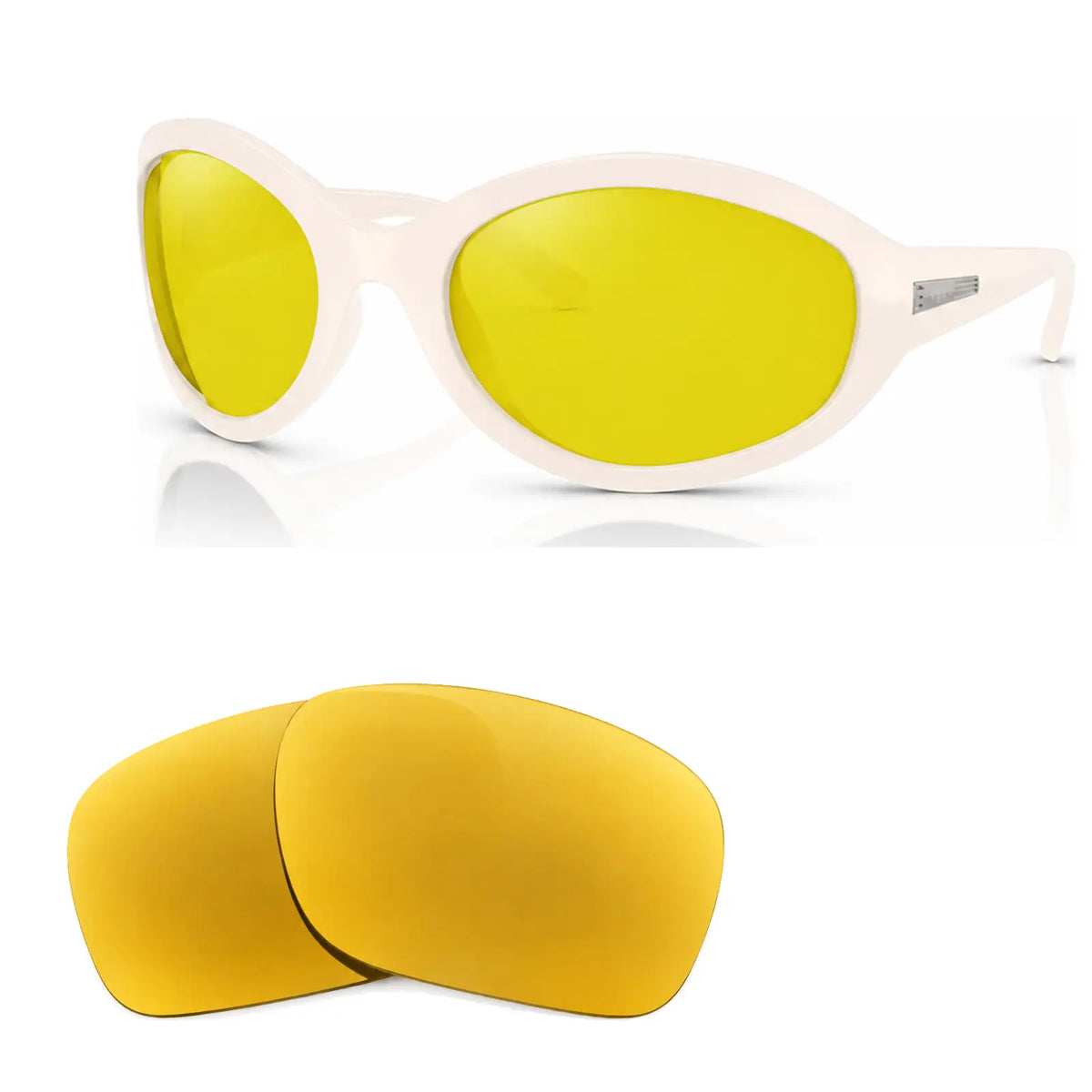 Vogue VO5606S replacement lenses in yellow, angled view of the frame with the pair of lenses below · ReFramed