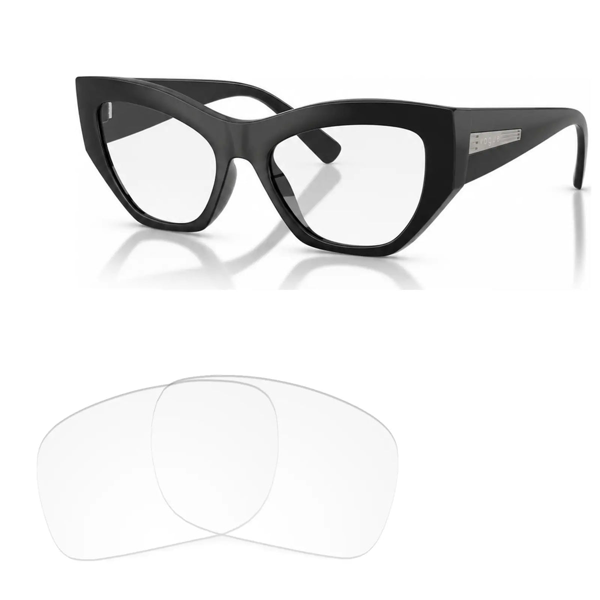 Vogue VO5607S replacement lenses in crystal clear, angled view of the frame with the pair of lenses below · ReFramed