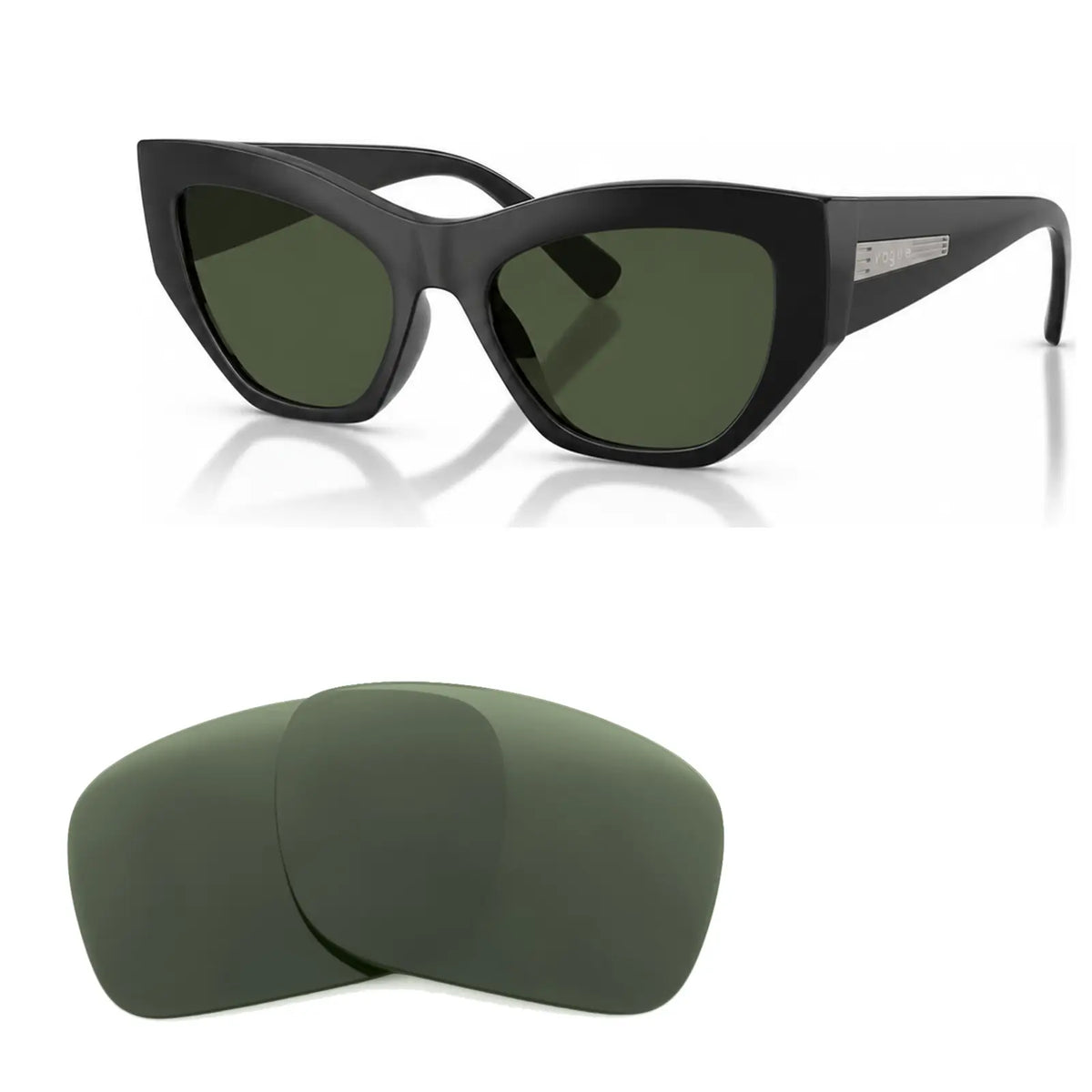 Vogue VO5607S replacement lenses in G15 green, angled view of the frame with the pair of lenses below · ReFramed