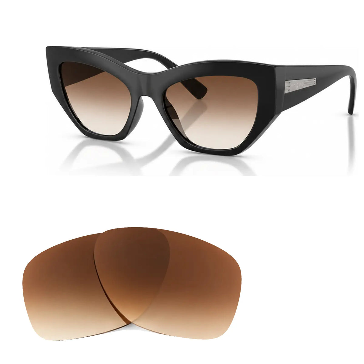 Vogue VO5607S replacement lenses in gradient brown, angled view of the frame with the pair of lenses below · ReFramed