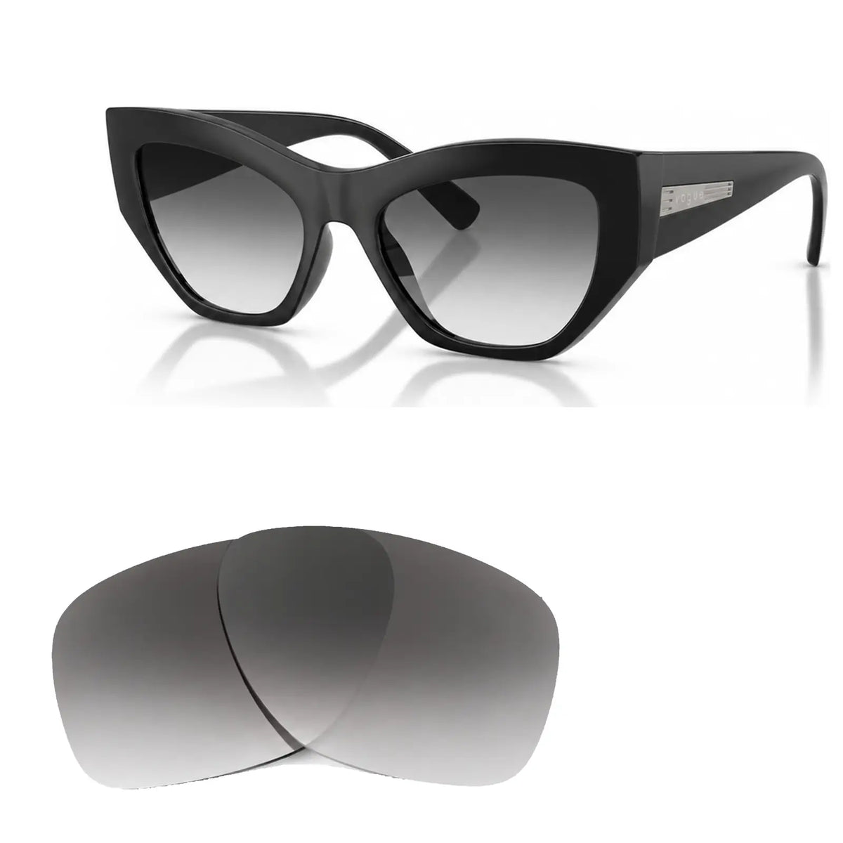 Vogue VO5607S replacement lenses in gradient gray, angled view of the frame with the pair of lenses below · ReFramed