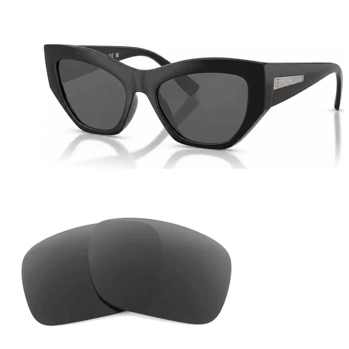 Vogue VO5607S replacement lenses in gray, angled view of the frame with the pair of lenses below · ReFramed