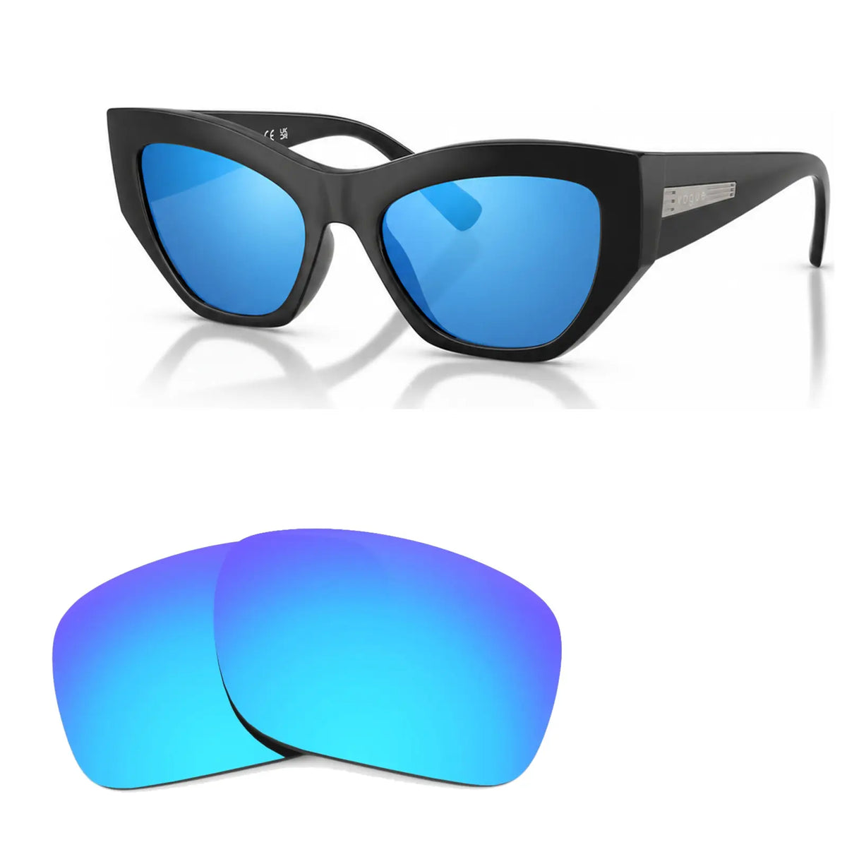 Vogue VO5607S replacement lenses in mirrored blue, angled view of the frame with the pair of lenses below · ReFramed