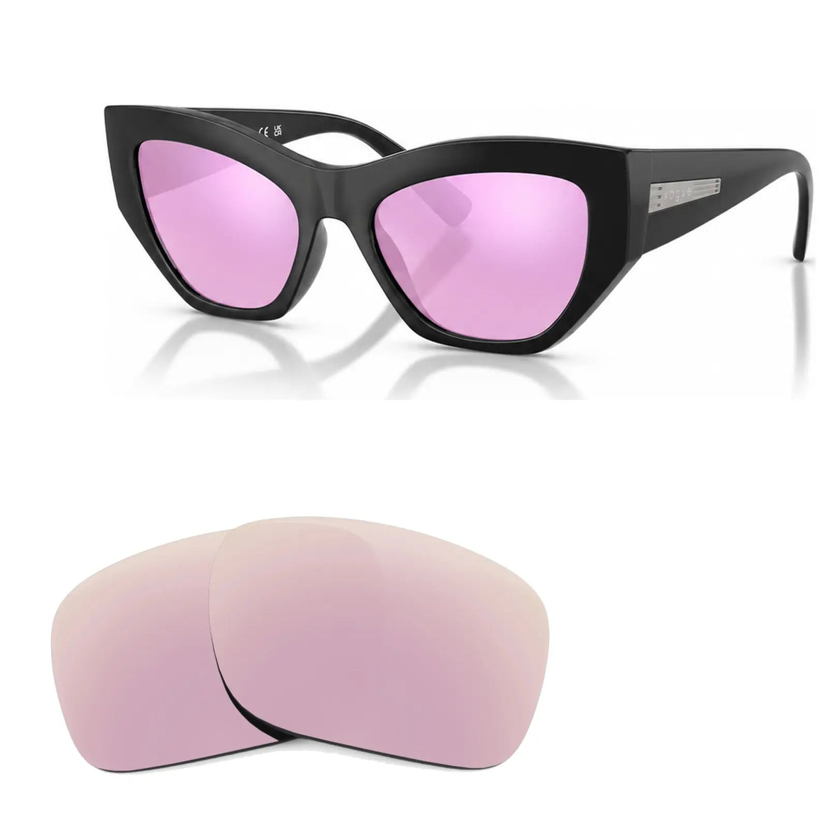 Vogue VO5607S replacement lenses in mirrored pink, angled view of the frame with the pair of lenses below · ReFramed