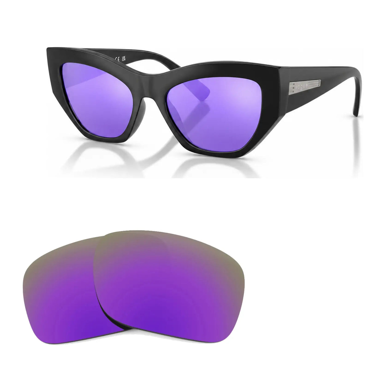 Vogue VO5607S replacement lenses in mirrored purple, angled view of the frame with the pair of lenses below · ReFramed