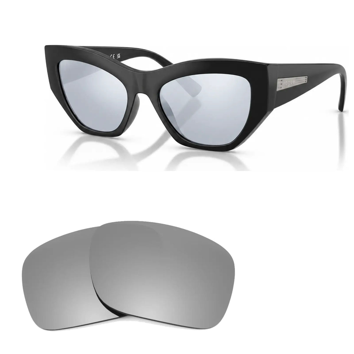 Vogue VO5607S replacement lenses in mirrored silver, angled view of the frame with the pair of lenses below · ReFramed