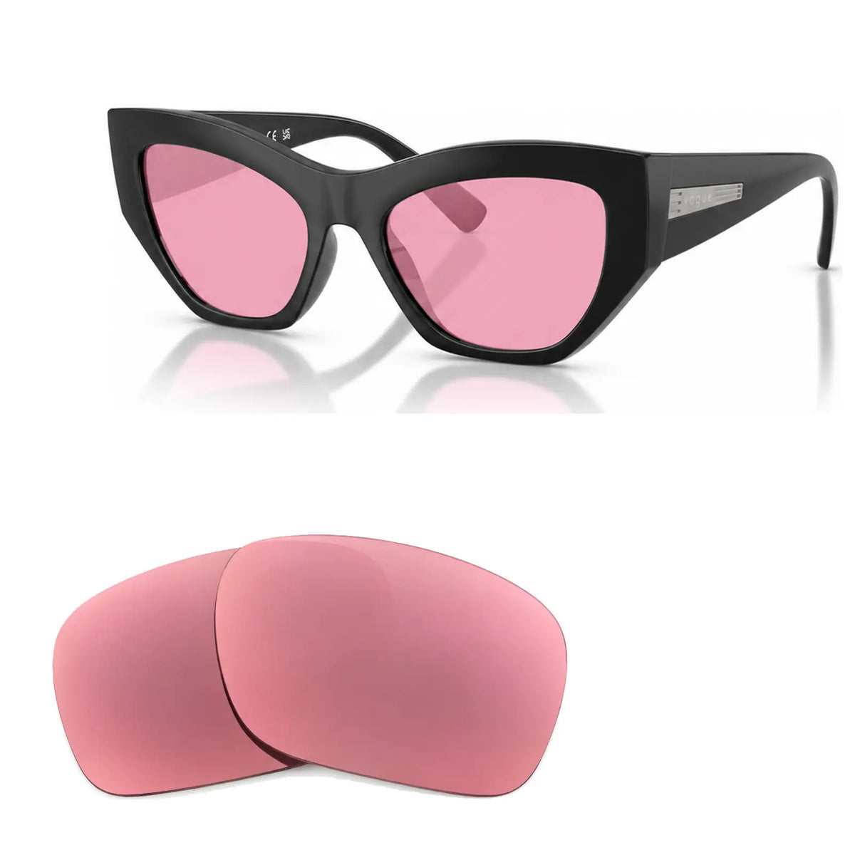 Vogue VO5607S replacement lenses in pink, angled view of the frame with the pair of lenses below · ReFramed