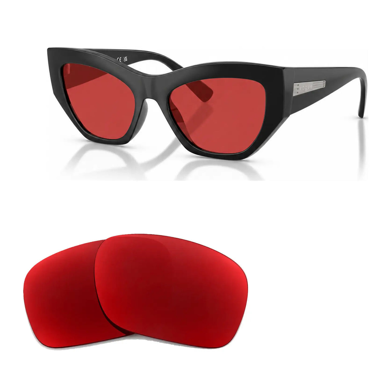 Vogue VO5607S replacement lenses in red, angled view of the frame with the pair of lenses below · ReFramed