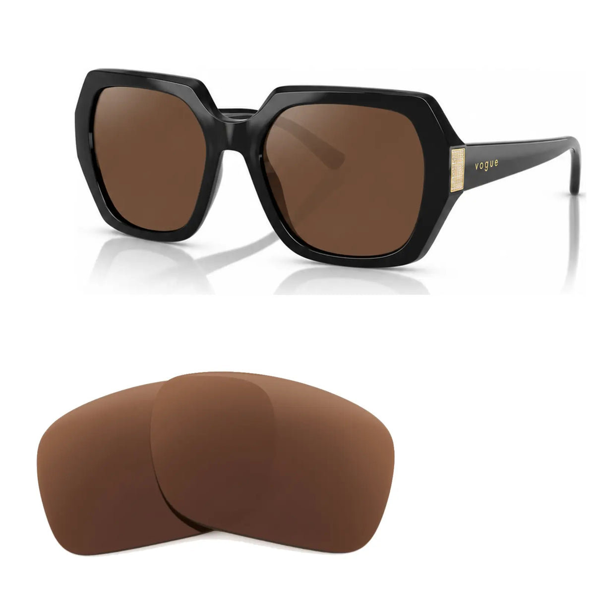 Vogue VO5612SB replacement lenses in brown, angled view of the frame with the pair of lenses below · ReFramed