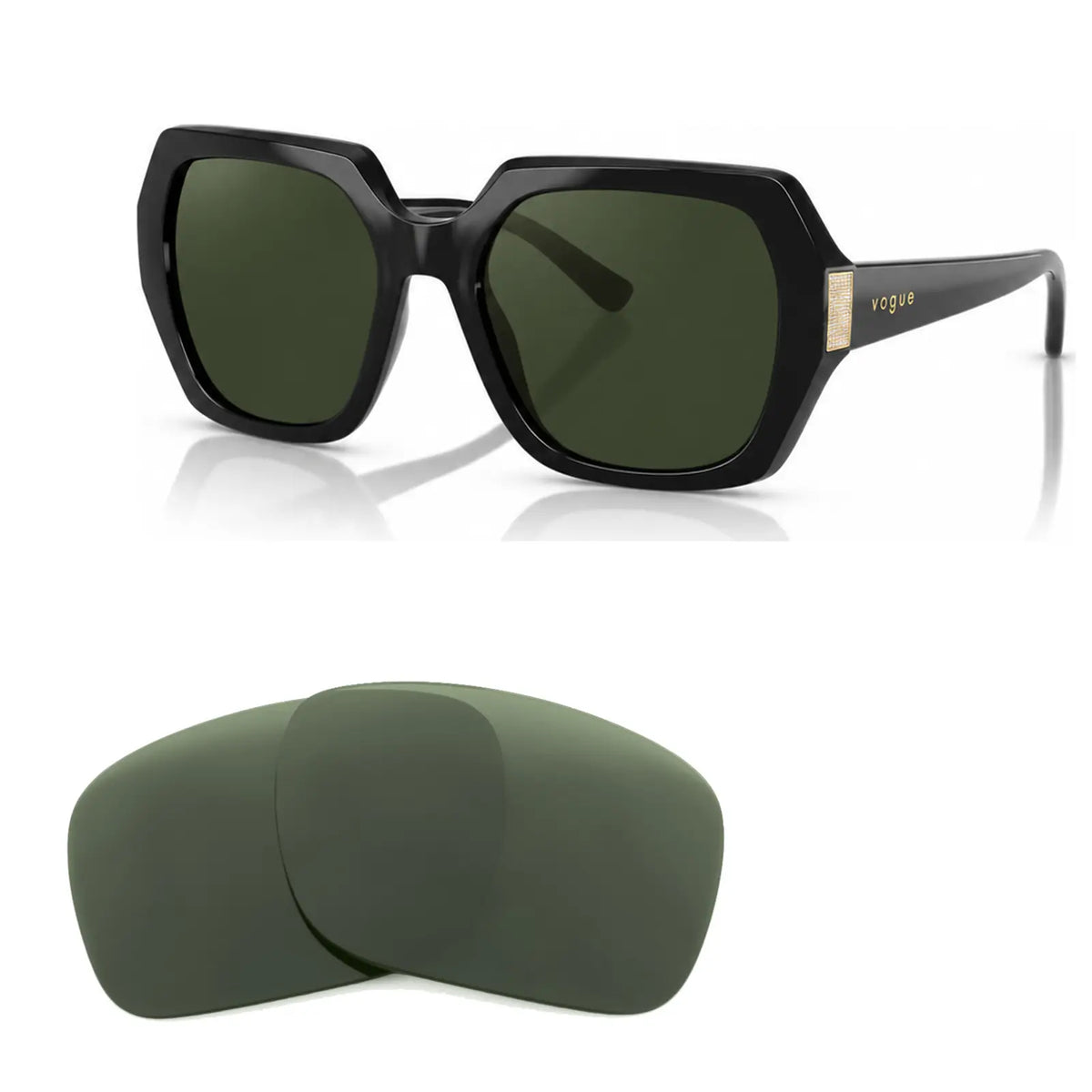 Vogue VO5612SB replacement lenses in G15 green, angled view of the frame with the pair of lenses below · ReFramed