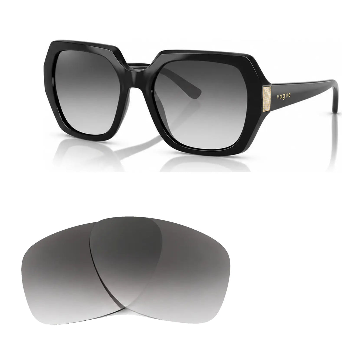 Vogue VO5612SB replacement lenses in gradient gray, angled view of the frame with the pair of lenses below · ReFramed