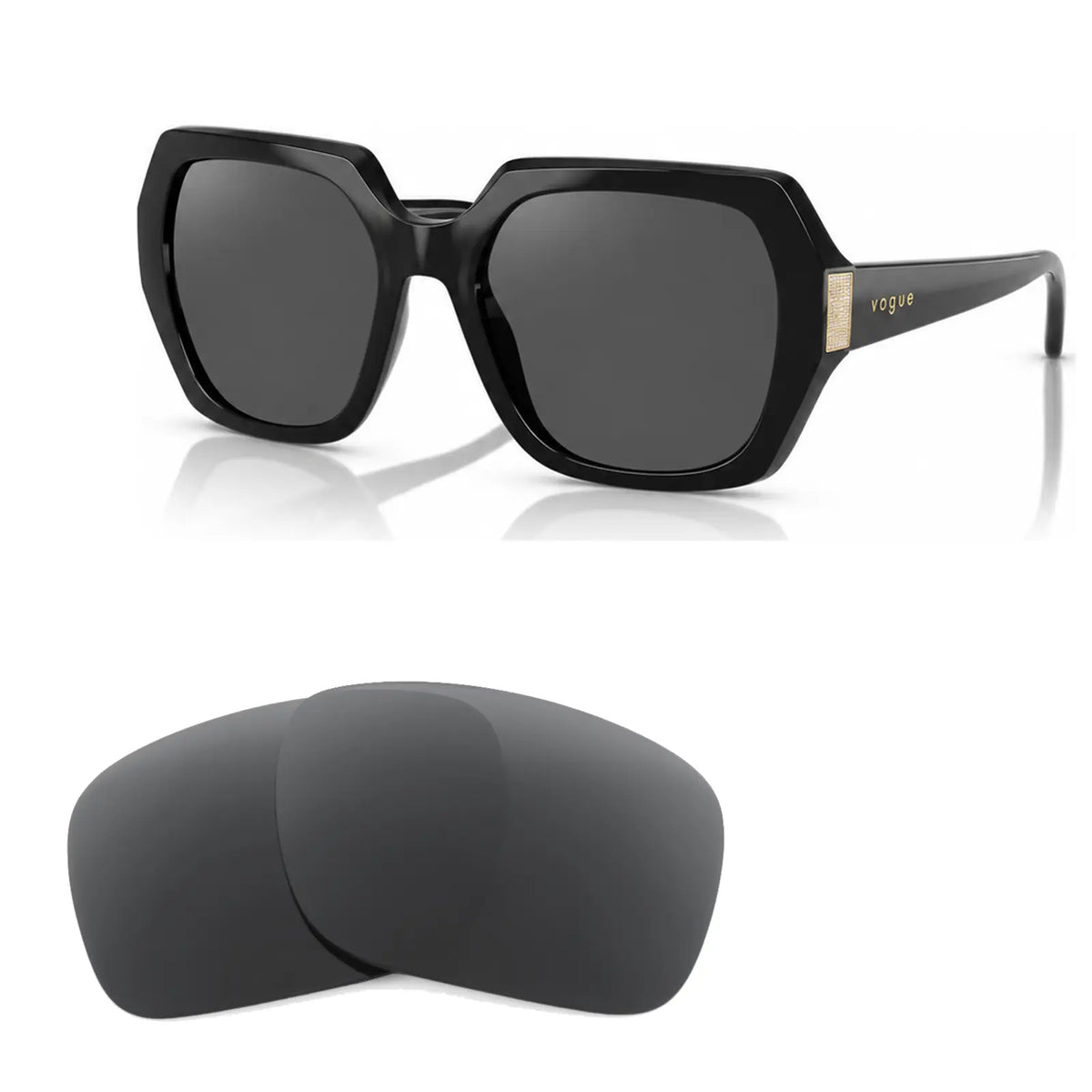 Vogue VO5612SB replacement lenses in gray, angled view of the frame with the pair of lenses below · ReFramed