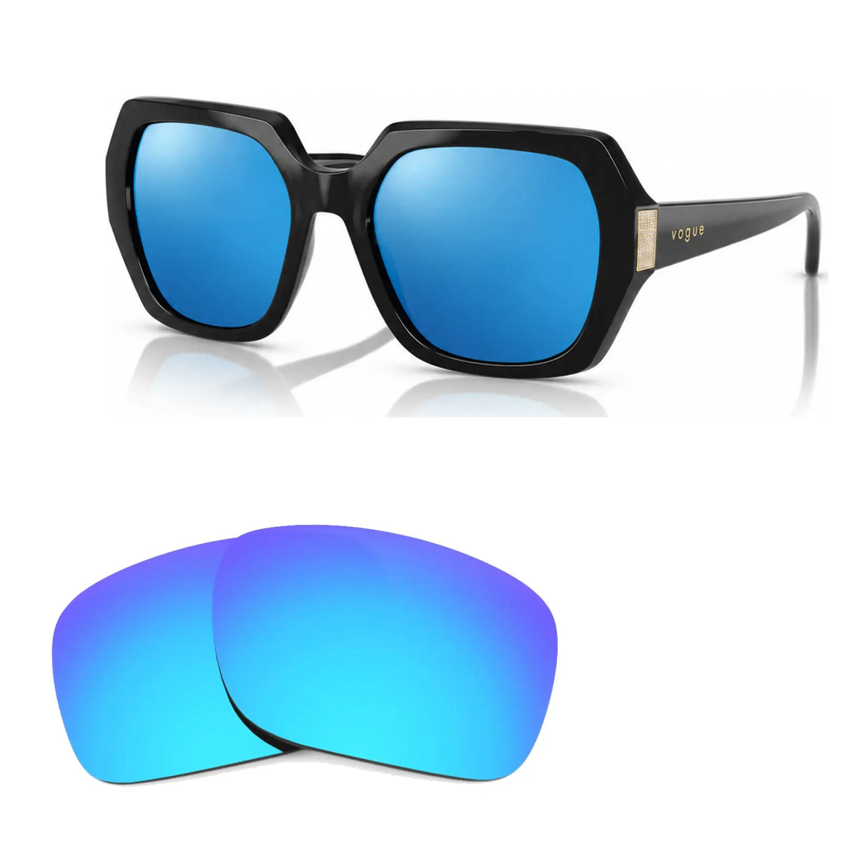 Vogue VO5612SB replacement lenses in mirrored blue, angled view of the frame with the pair of lenses below · ReFramed