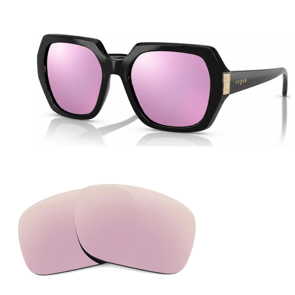 Vogue VO5612SB replacement lenses in mirrored pink, angled view of the frame with the pair of lenses below · ReFramed